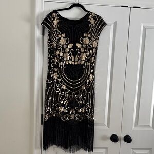 Elegant Black and Gold Fringe Hem Women's Dress